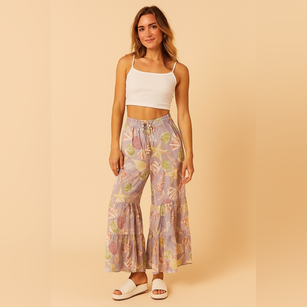 True Destinations Resort Flare Flowy Seashell Coastal Pants, size XS